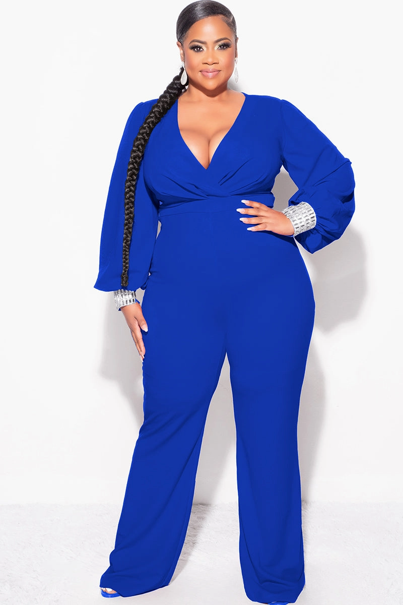 ContouredPanels Final Sale Plus Size Faux Wrap Collar Jumpsuit with Sheer Sleeves and Rhinestone Cuffs in Royal Blue