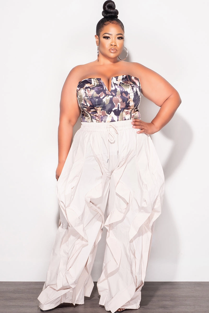 Final Sale Plus Size Wide Leg Drawstring Oversized Windbreaker Wavy Pants in Tan Basic Stretch Dynamic Fit