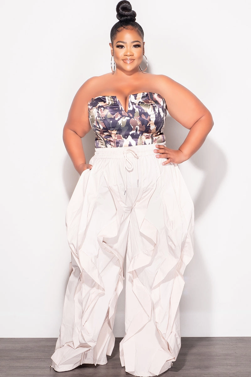 EasyCareFabric Final Sale Plus Size Wide Leg Drawstring Oversized Windbreaker Wavy Pants in Tan