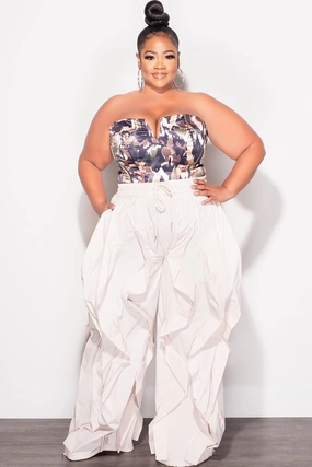 EasyCareFabric Final Sale Plus Size Wide Leg Drawstring Oversized Windbreaker Wavy Pants in Tan