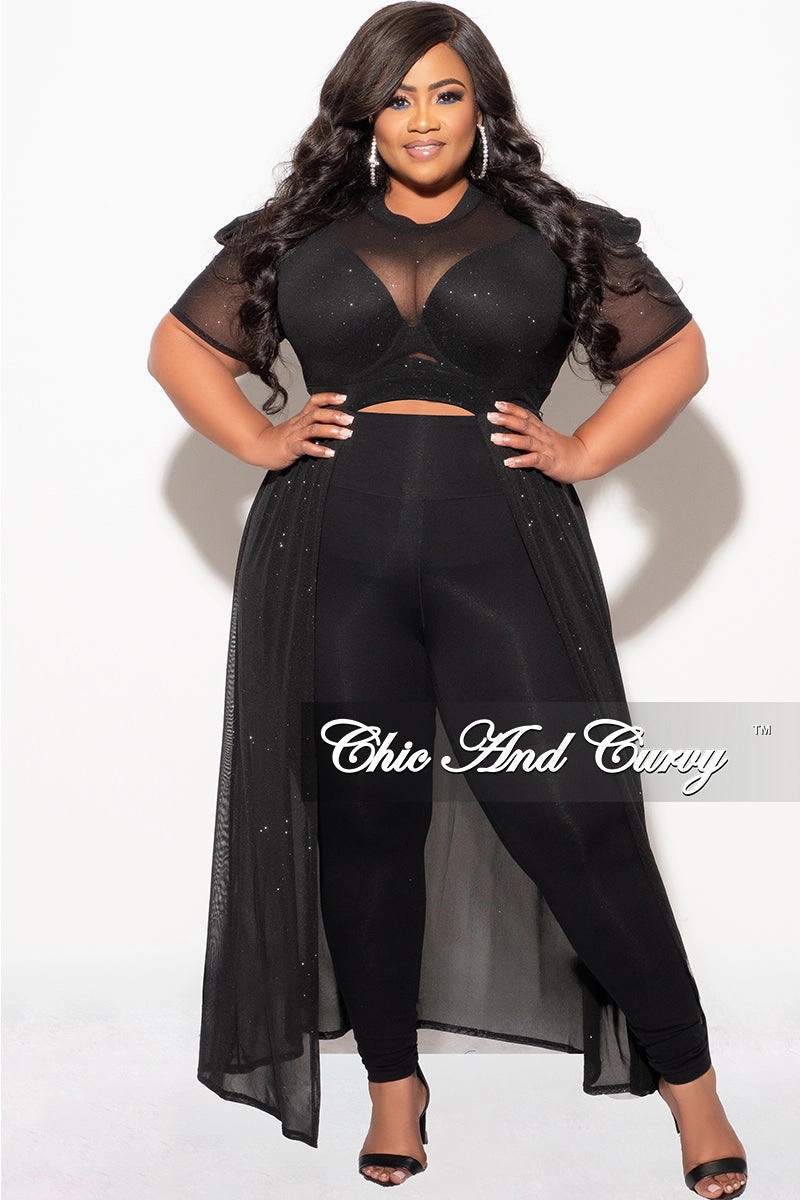 Crew neck classic Layered Hem Design Final Sale Plus Size Mesh Top with Train in Black Glitter