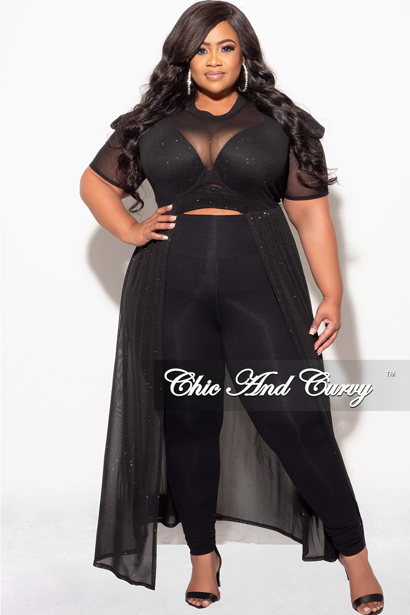 WideNeckline Final Sale Plus Size Mesh Top with Train in Black Glitter