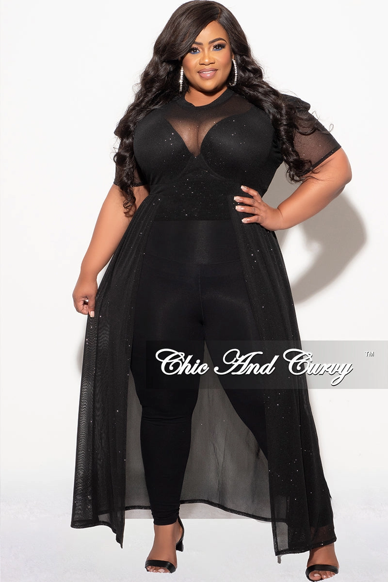 Classic Look Final Sale Plus Size Mesh Top with Train in Black Glitter