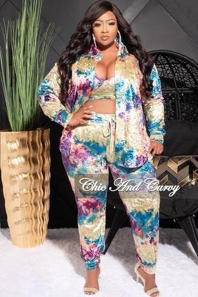 Final Sale Plus Size Velvet 3pc (Button Up Collar Top, Crop Bra Top & Pants) Set in Multi Color Print ReinforcedPockets Weekend Style