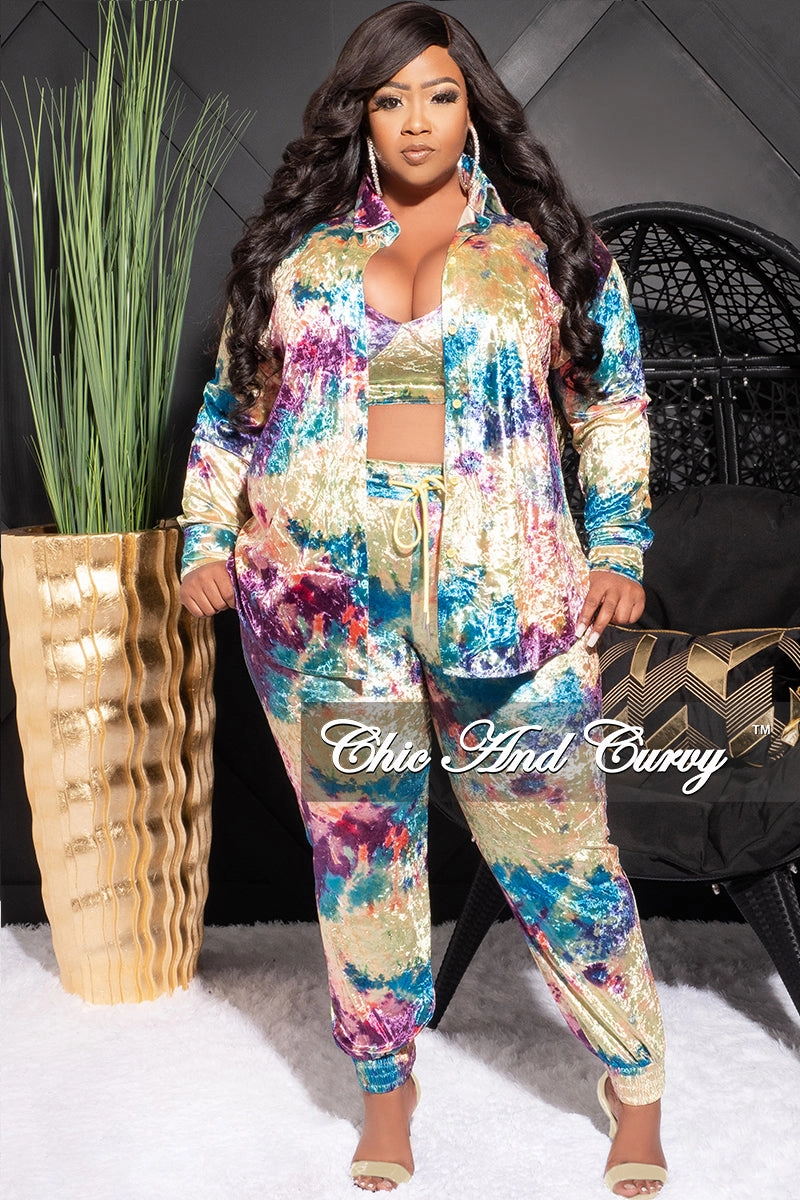 Final Sale Plus Size Velvet 3pc (Button Up Collar Top, Crop Bra Top & Pants) Set in Multi Color Print Breathable Layer Urban appeal