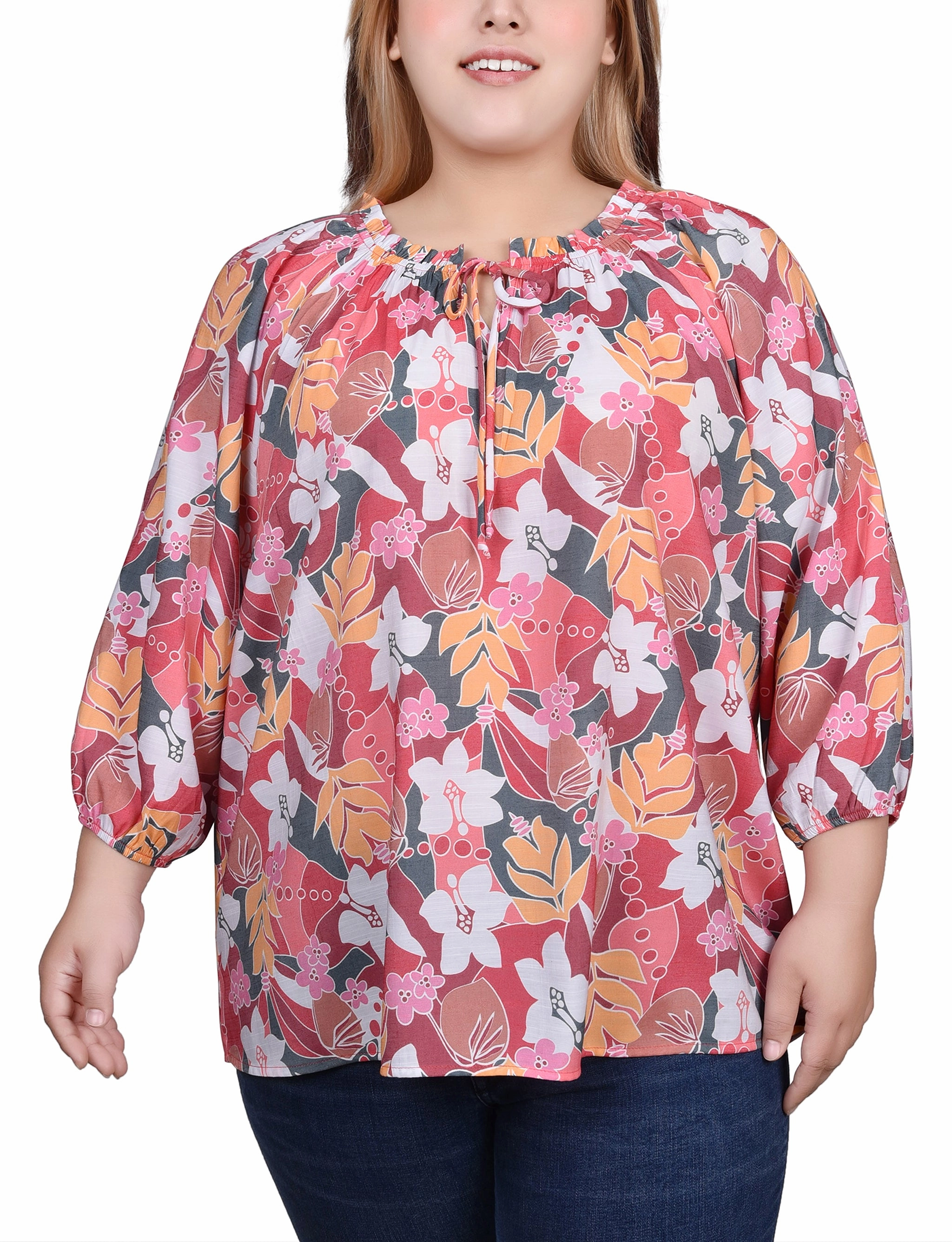 WrinkleFree Finish Wrinkle Resistant Treatment Plus Size 3/4 Sleeve Drawstring Neck Blouse