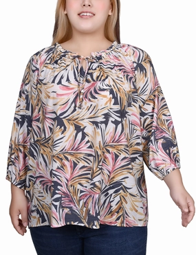 Light Reflective Printing Lightweight Fabric Plus Size 3/4 Sleeve Drawstring Neck Blouse