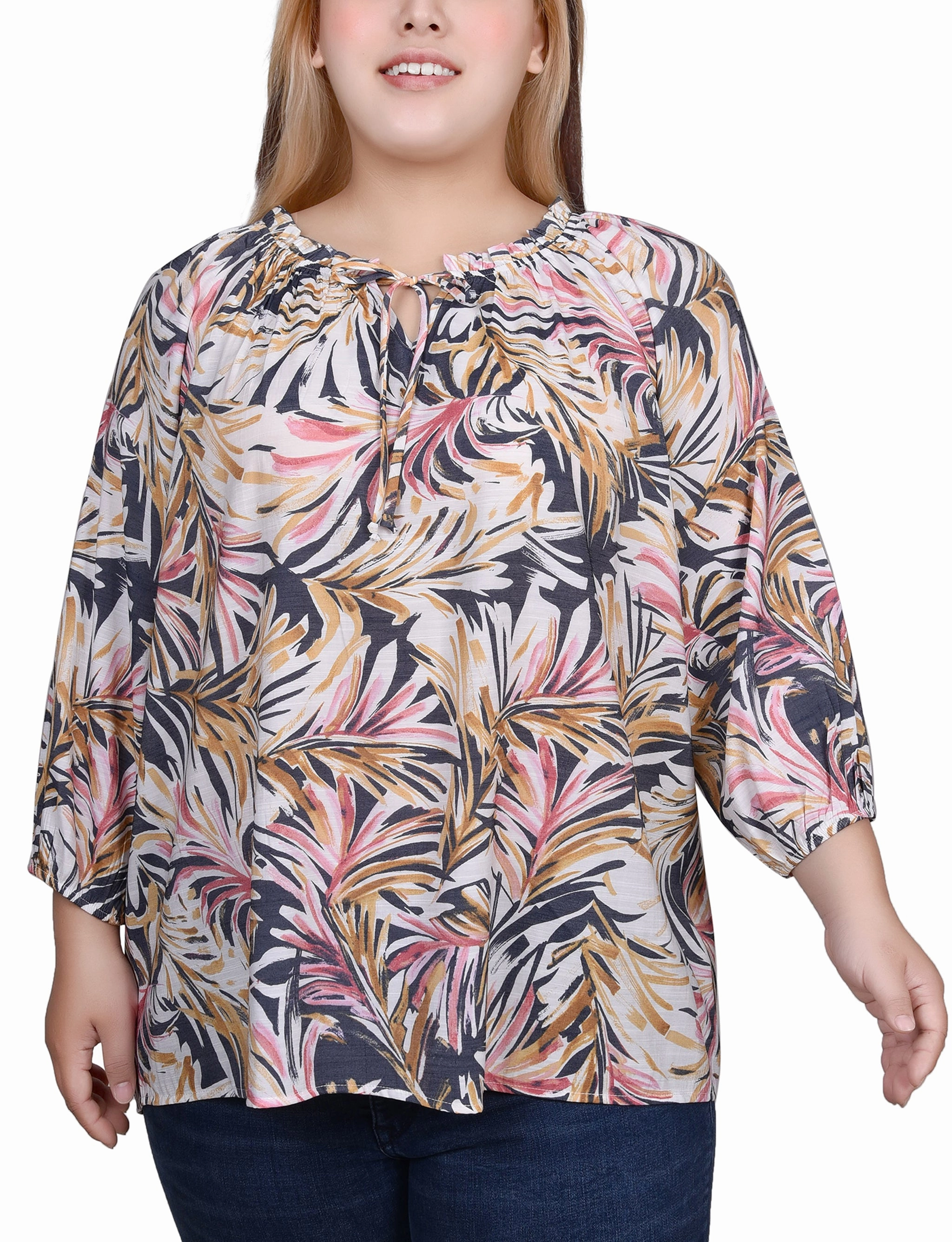 LowMaintenance Fabric HighElasticity Thread Plus Size 3/4 Sleeve Drawstring Neck Blouse