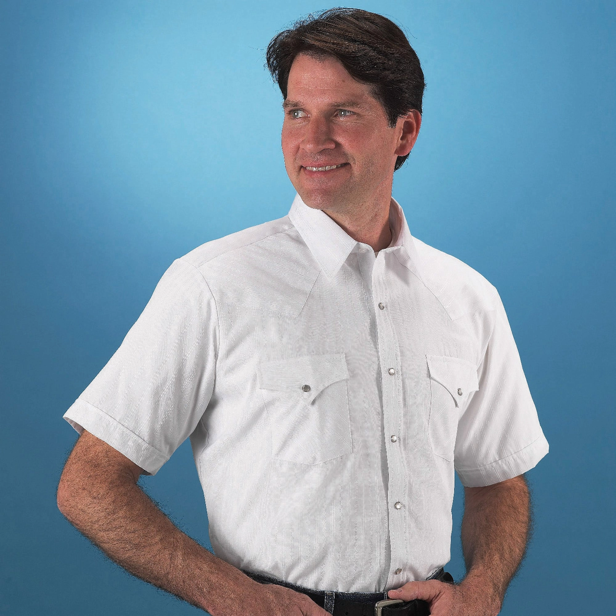 Ely & Walker Mens Tone on Tone White Western Shirt S/S Poly/Cotton Embellished Neckline