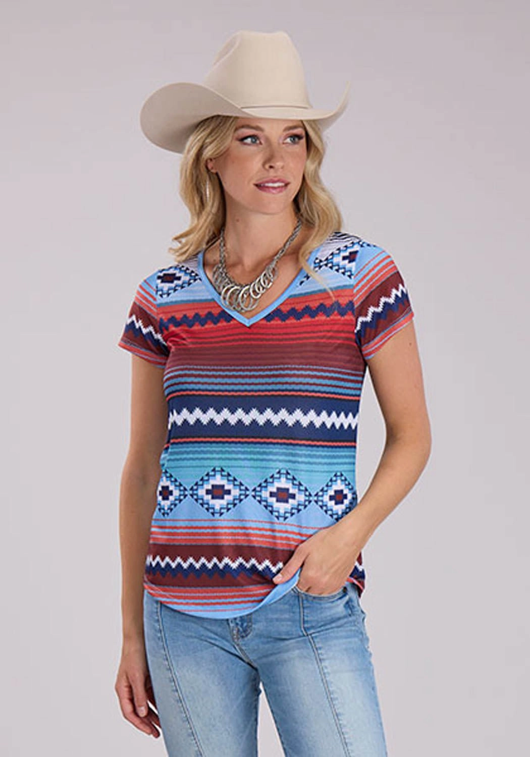 Roper Womens Southwestern Sublimation Multi-Color Poly/Spandex S/S Tunic Laser Cut Edge Detail