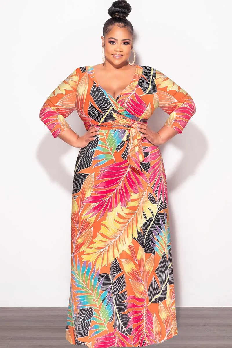Final Sale Plus Size Deep V-Neck Faux Wrap Dress with 3/4 Sleeves in Orange Multi Leaf Print High Stretch Fit