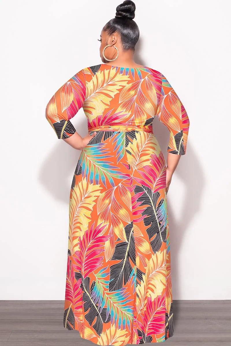 Quick Access ElasticWaist Final Sale Plus Size Deep V-Neck Faux Wrap Dress with 3/4 Sleeves in Orange Multi Leaf Print