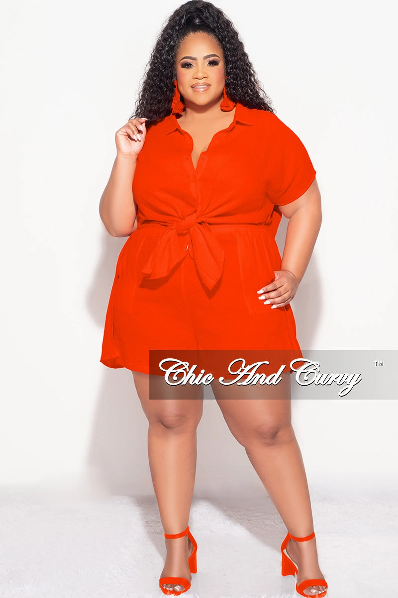 Sporty Layers Final Sale Plus Size 2pc Collar Button Up Crepe Linen Top Tie And Short Set In Orange