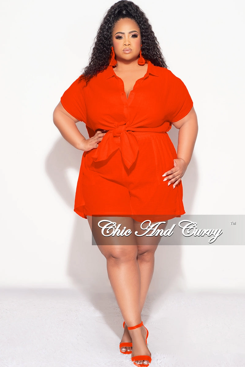 Final Sale Plus Size 2pc Collar Button Up Crepe Linen Top Tie And Short Set In Orange Eco Friendly Dye Process Padded hips