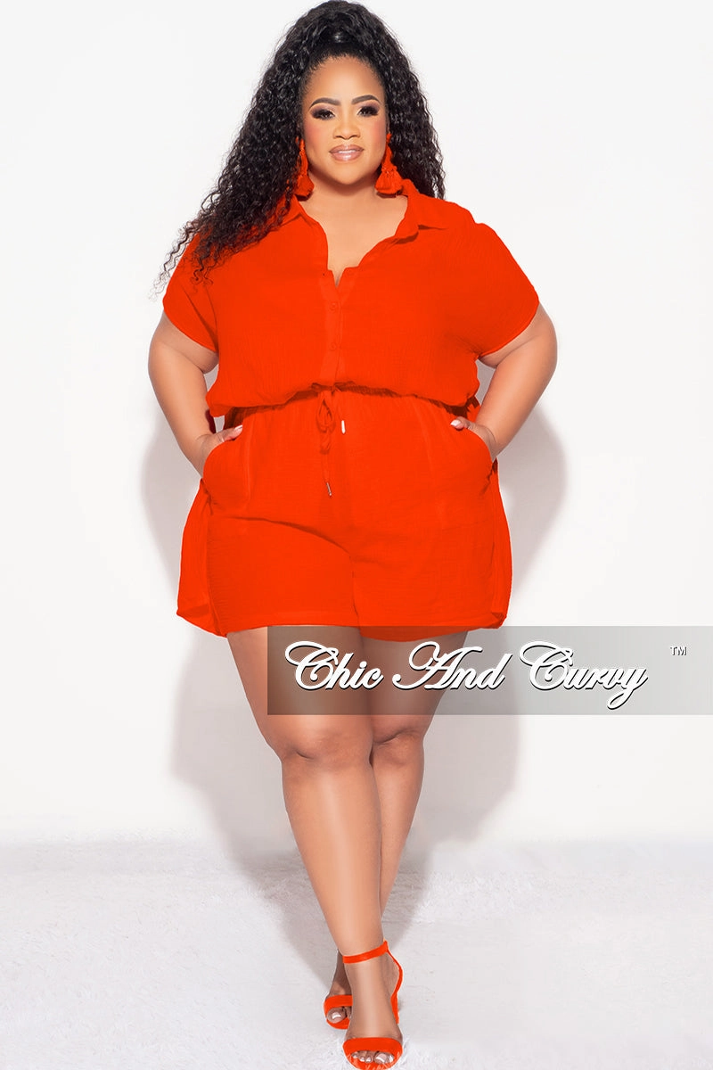 Final Sale Plus Size 2pc Collar Button Up Crepe Linen Top Tie And Short Set In Orange Body Movement
