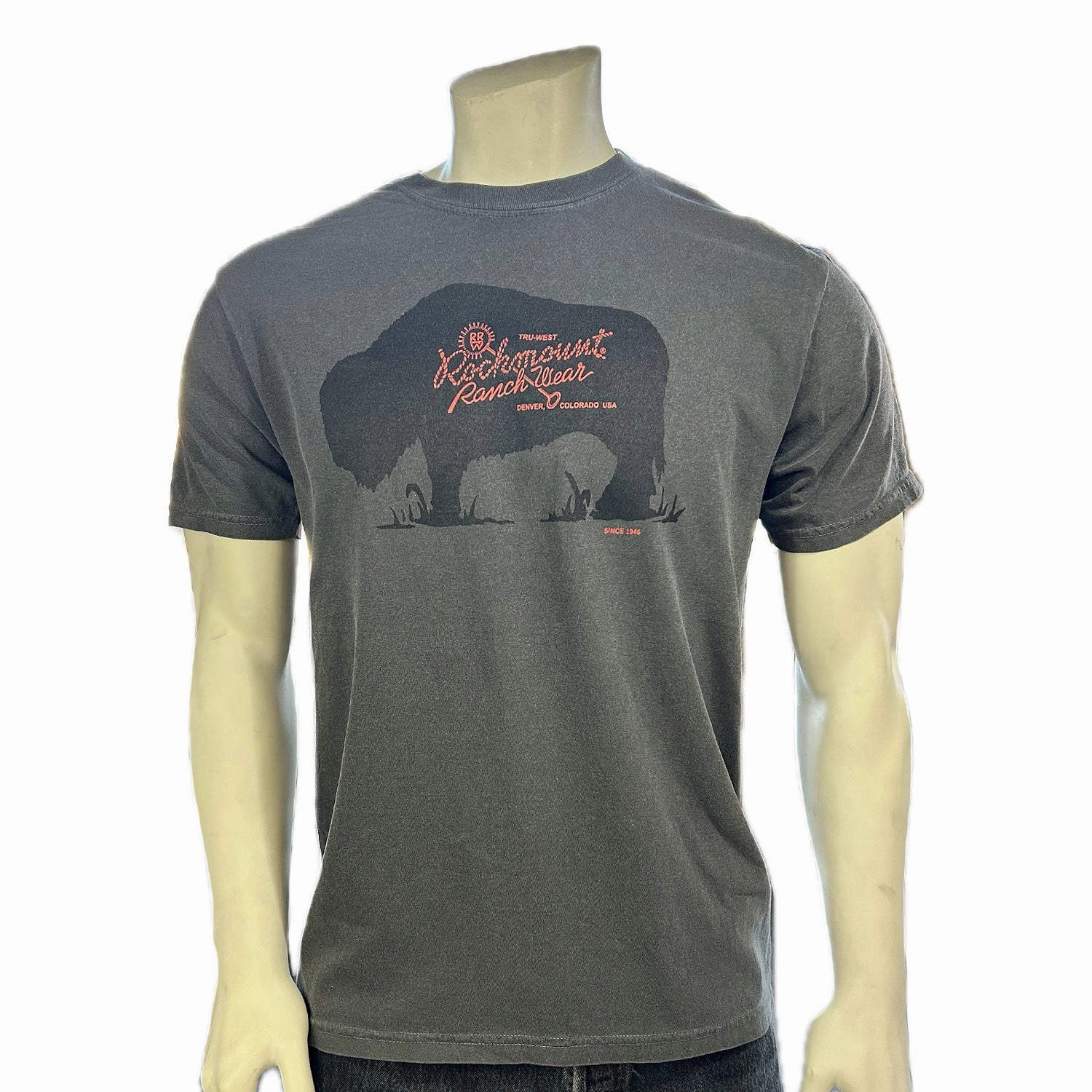 Rockmount Mens American Bison Charcoal 100% Cotton S/S T-Shirt Sporty and Stylish Reinforced Shoulder Seams