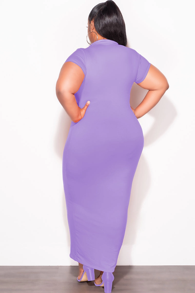 Final Sale Plus Size Collar V Neck Midi Dress in Lavender Roll-up style