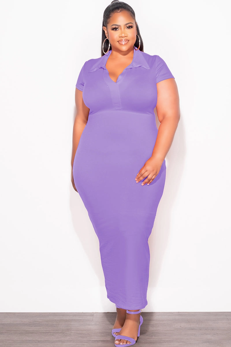 WaterproofTechnology Active Design Final Sale Plus Size Collar V Neck Midi Dress in Lavender