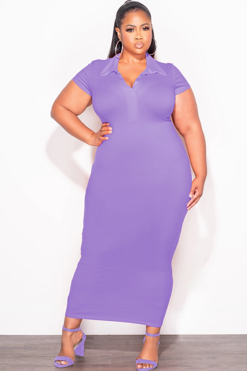 Chafe-Free Fit Commuter Fit Final Sale Plus Size Collar V Neck Midi Dress in Lavender