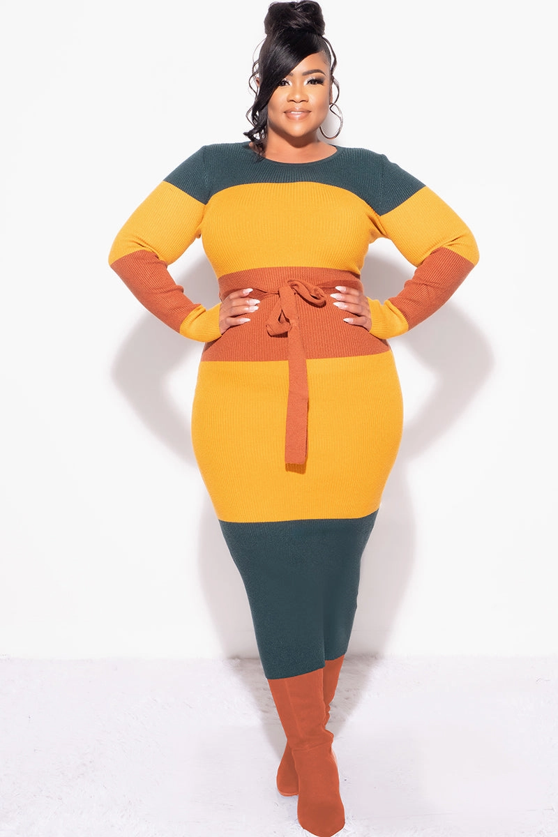 Final Sale Plus Size Ribbed Midi Sweater Dress in Mustard, Green & Rust Reflective details