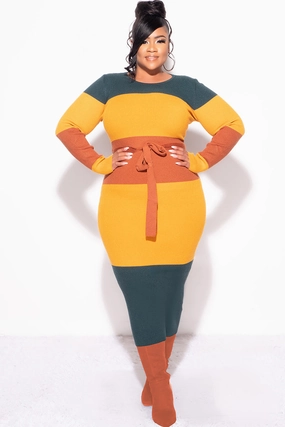 Minimalist Waist Final Sale Plus Size Ribbed Midi Sweater Dress in Mustard, Green & Rust