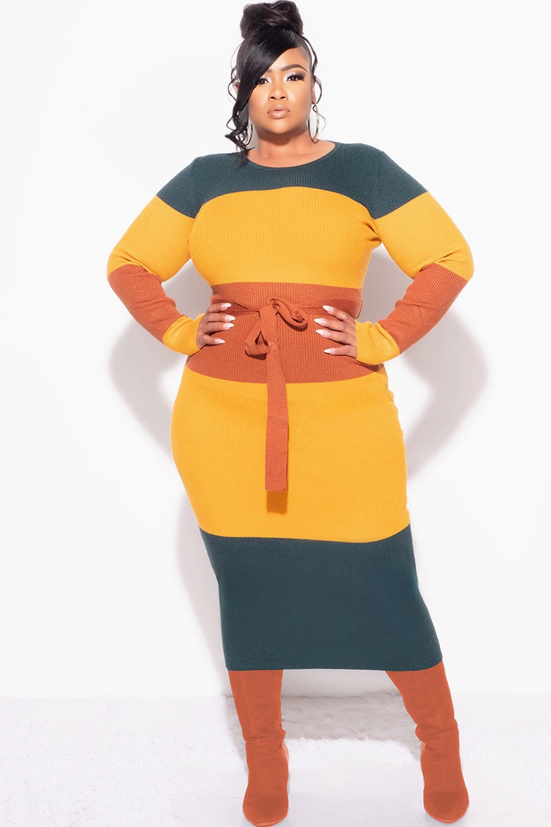 Final Sale Plus Size Ribbed Midi Sweater Dress in Mustard, Green & Rust Odor control Low Profile Design