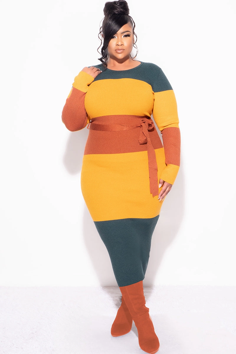 Smart Casual Chill Comfort Final Sale Plus Size Ribbed Midi Sweater Dress in Mustard, Green & Rust