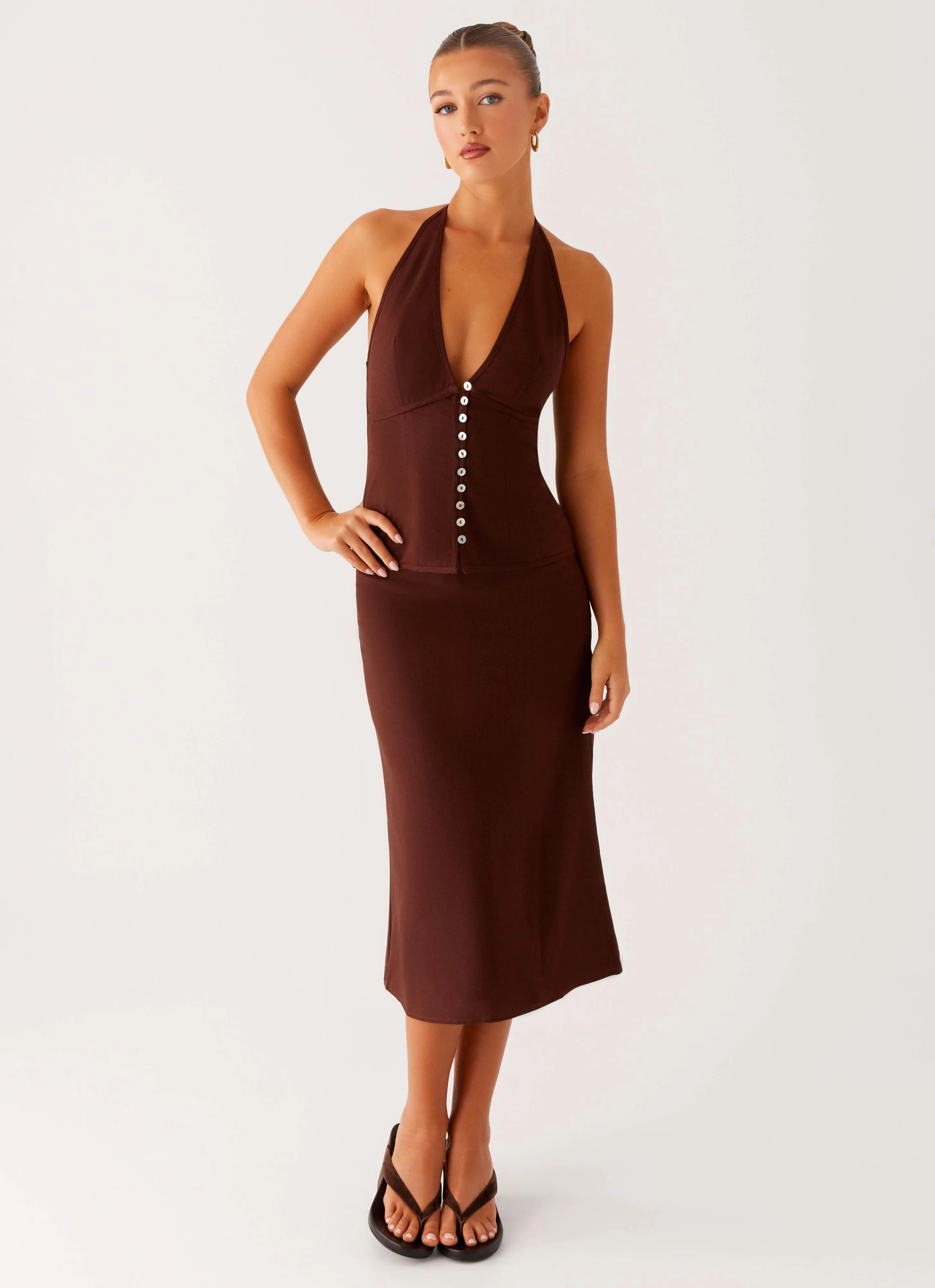 Breezy Look Tapered Cut Esther Midi Skirt - Chocolate