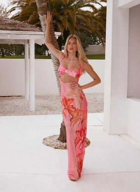 Sorella Maxi Dress - Tropical Pink Print Silky Surface Soft Appearance