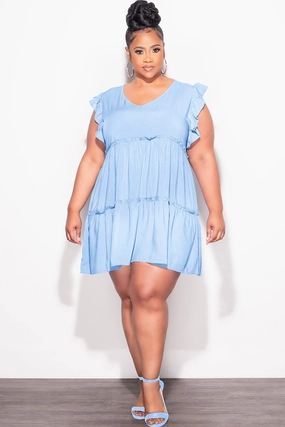 Metallic accents Final Sale Plus Size Ruffle Sleeve 3-Tiered Baby Doll Dress in Cream Blue (Rayon Not Stretchy)