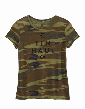 Tin Haul Womens Logo Screen Print Camo Cotton Blend S/S T-Shirt gender-neutral