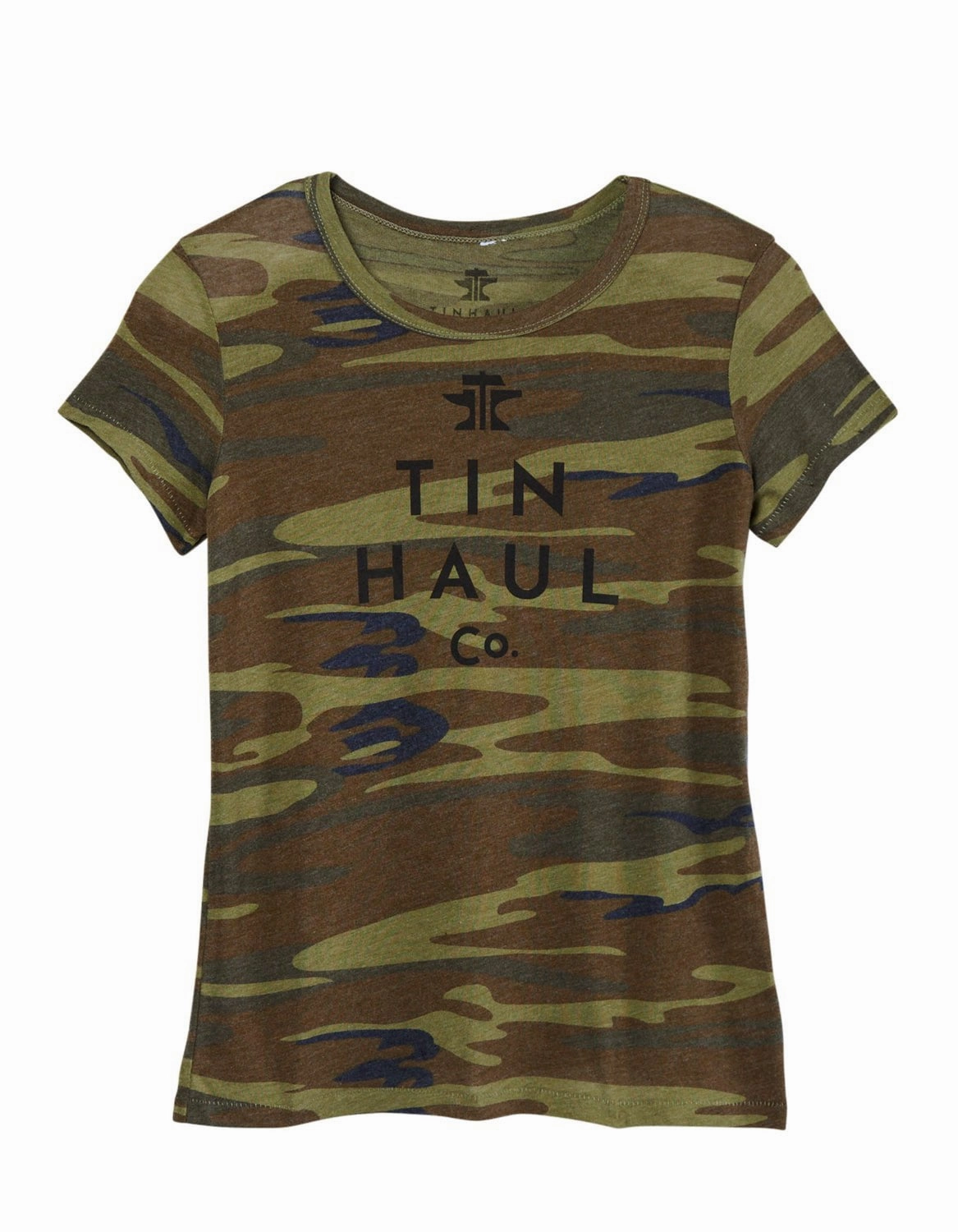 Tin Haul Womens Logo Screen Print Camo Cotton Blend S/S T-Shirt Casual Elegance Yoke Design
