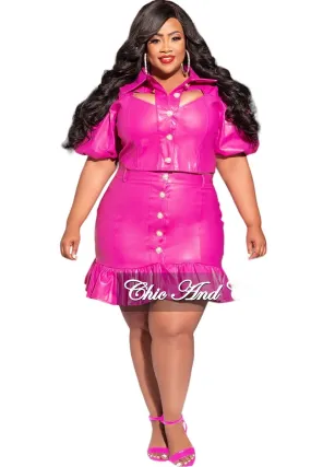 Final Sale Plus Size 2pc Collar Puffy Crown Sleeve Crop Top with Cutouts and Ruffle Skirt Set in Pink Vegan Leather Smart Layering