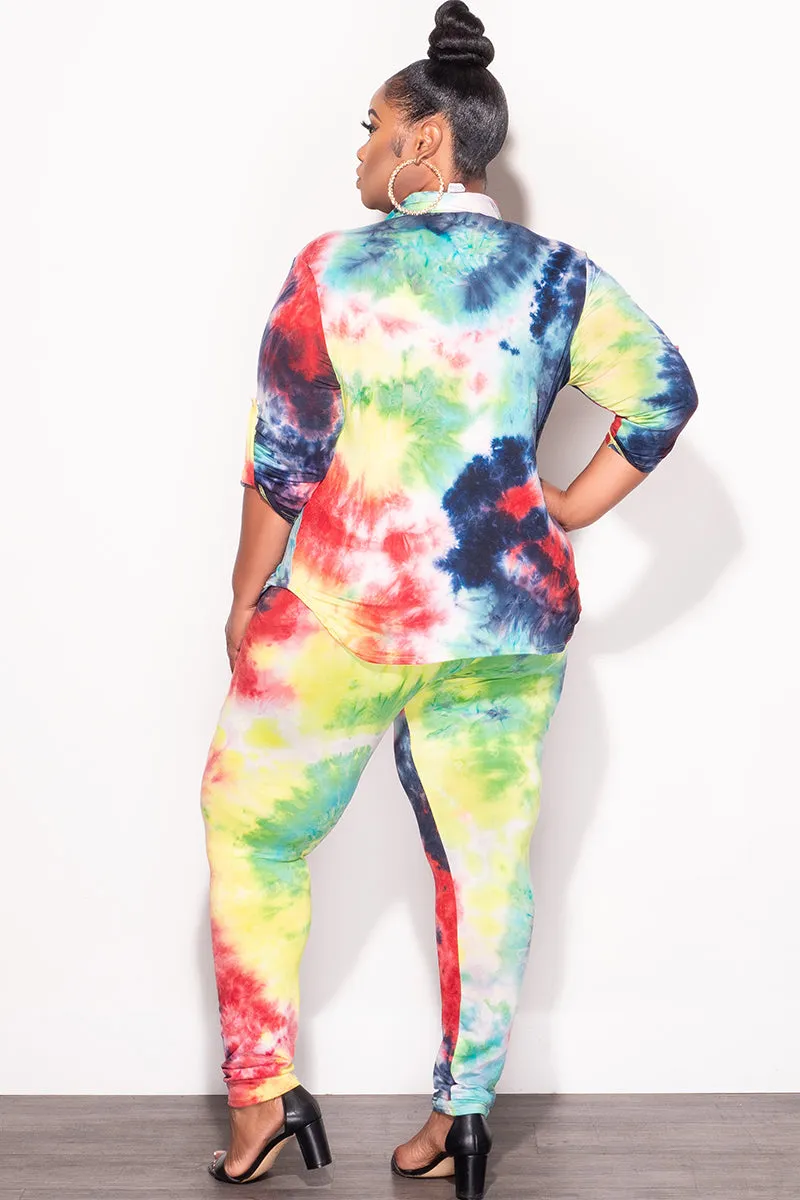Cozy Design Office Wear Final Sale Plus Size 2-Piece Button Up Collar Top and Pants Set in Multi Color Tie Dye Print