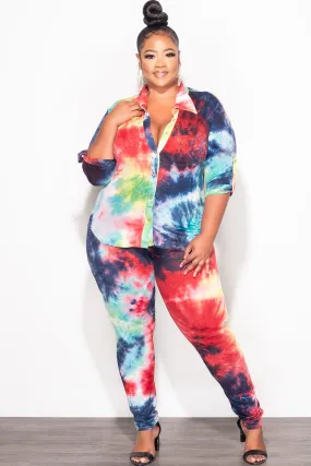 Final Sale Plus Size 2-Piece Button Up Collar Top and Pants Set in Multi Color Tie Dye Print Breathable Style Flex Fit Design