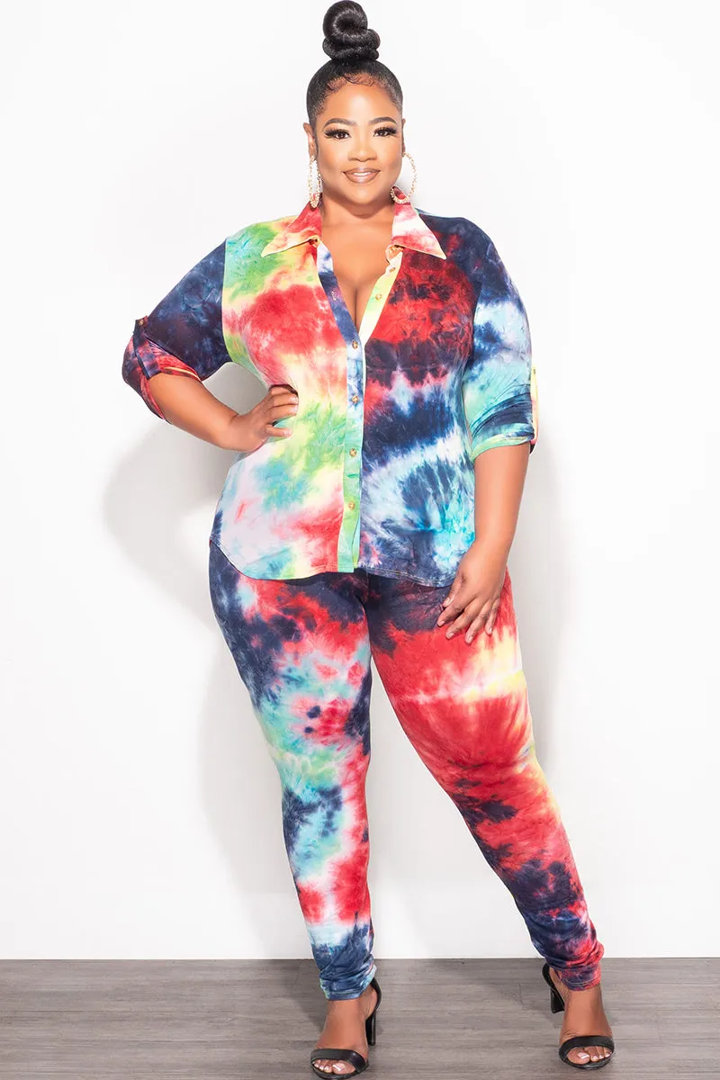 Final Sale Plus Size 2-Piece Button Up Collar Top and Pants Set in Multi Color Tie Dye Print Athletic Comfort Sweat Wicking Lining