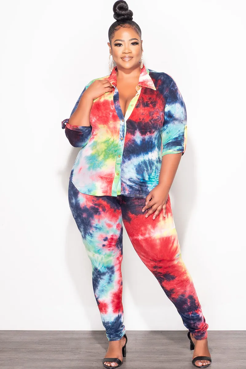 Modern Comfort Final Sale Plus Size 2-Piece Button Up Collar Top and Pants Set in Multi Color Tie Dye Print