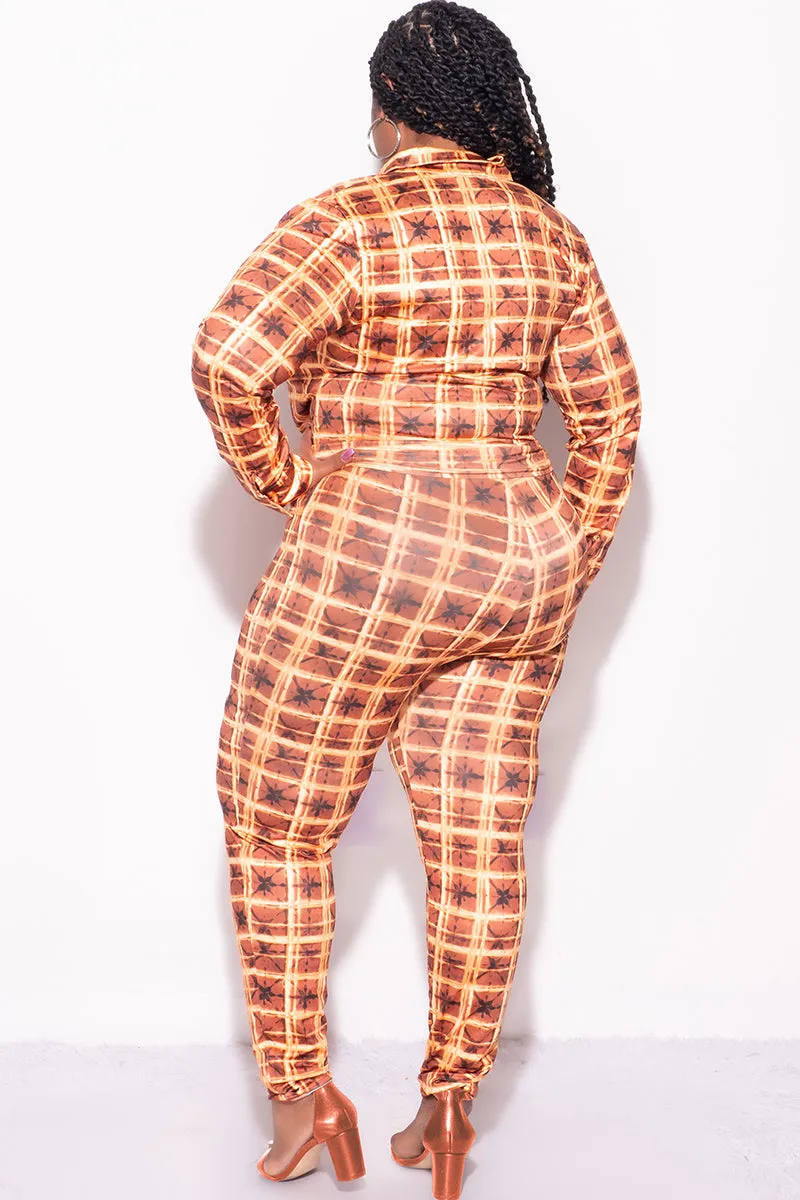 Final Sale Plus Size 2-Piece Sleeve Crop Tie Top and High Waist Pants in Rust and Yellow Checker Print Quick Move Compact Pack