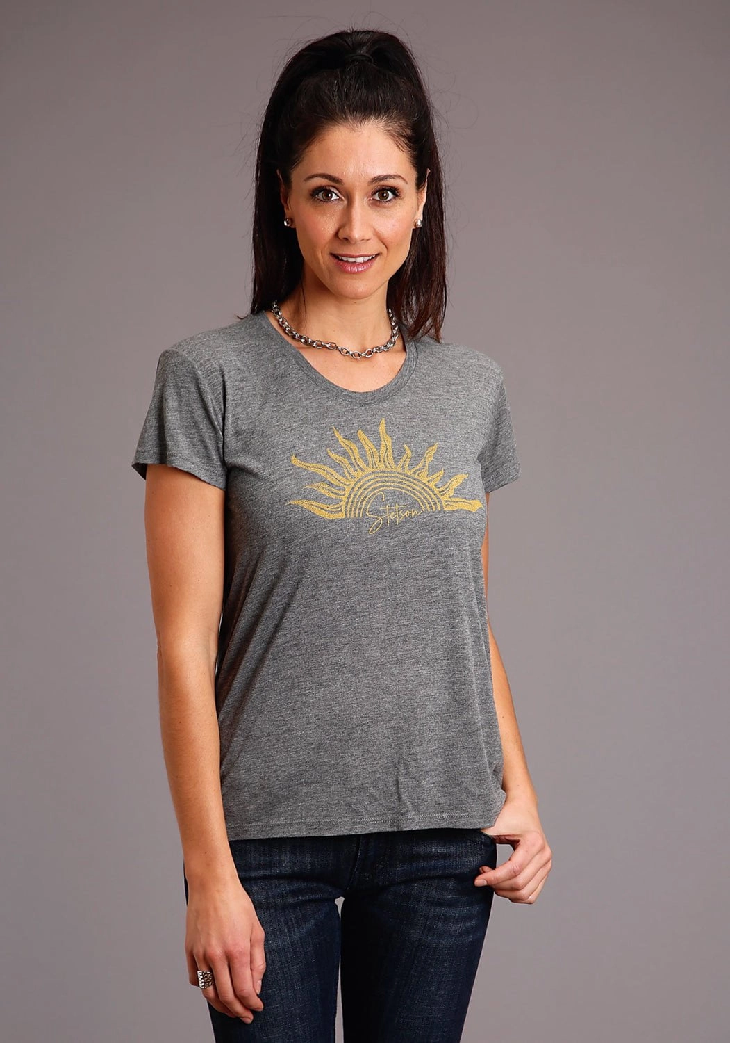 Stetson Womens Grey Poly/Rayon Gold Sun S/S T-Shirt Wedding guest high-low hem