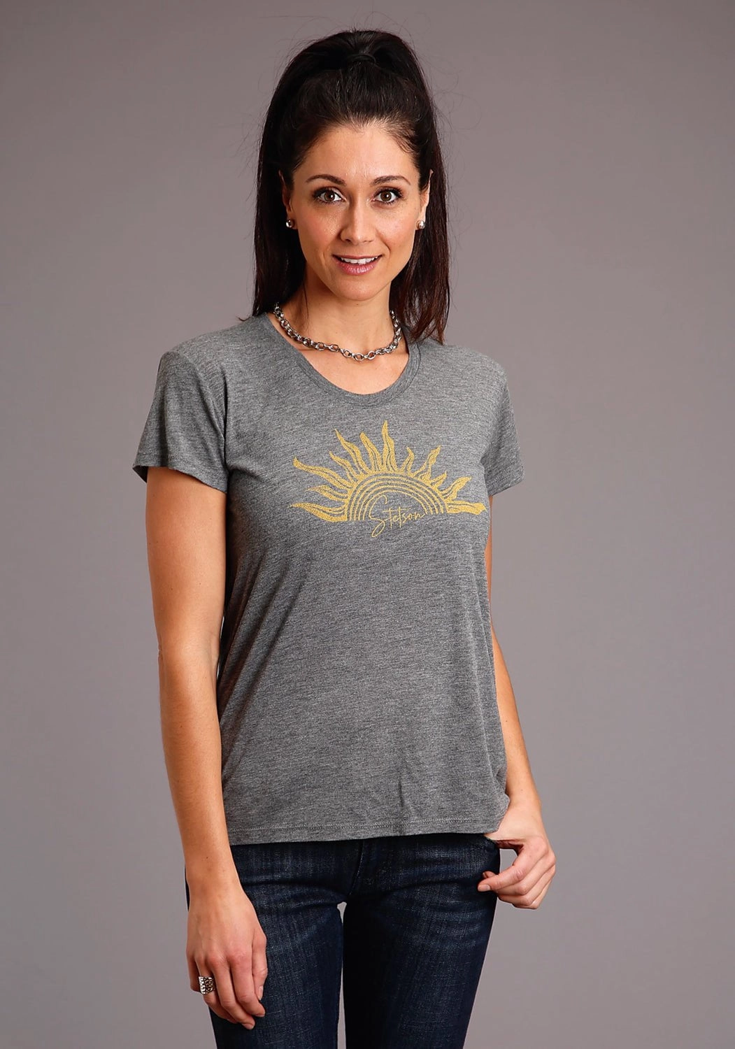 Eco-friendly Stetson Womens Grey Poly/Rayon Gold Sun S/S T-Shirt
