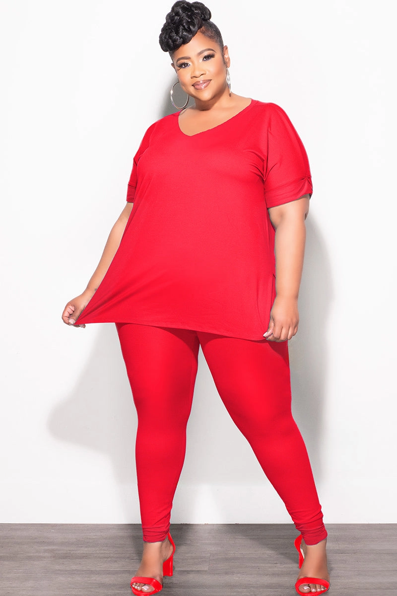 Thermal Regulating Final Sale Plus Size 2pc V-Neck Tunic Top and Matching Legging Set in Red