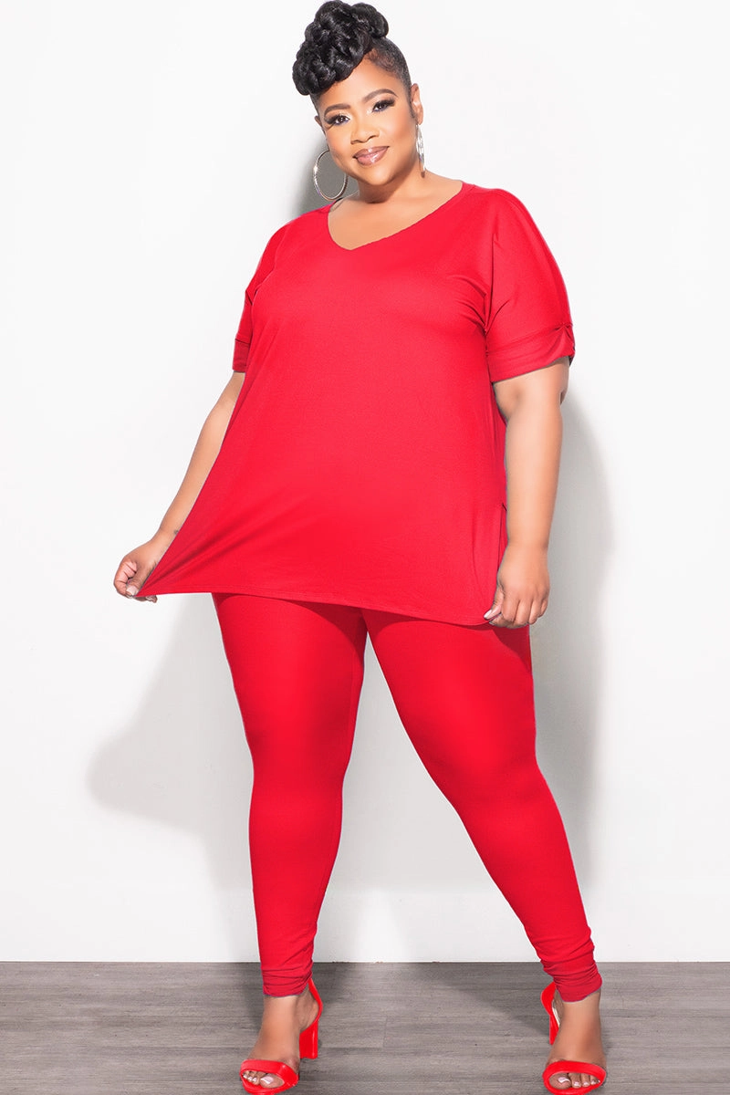 Final Sale Plus Size 2pc V-Neck Tunic Top and Matching Legging Set in Red Reinforced Knees