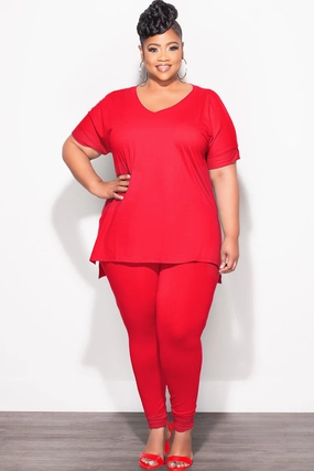 NonChafingLegs No Gap Waist Construction Final Sale Plus Size 2pc V-Neck Tunic Top and Matching Legging Set in Red