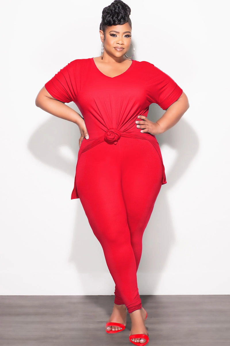 Final Sale Plus Size 2pc V-Neck Tunic Top and Matching Legging Set in Red Quick Comfort Fit