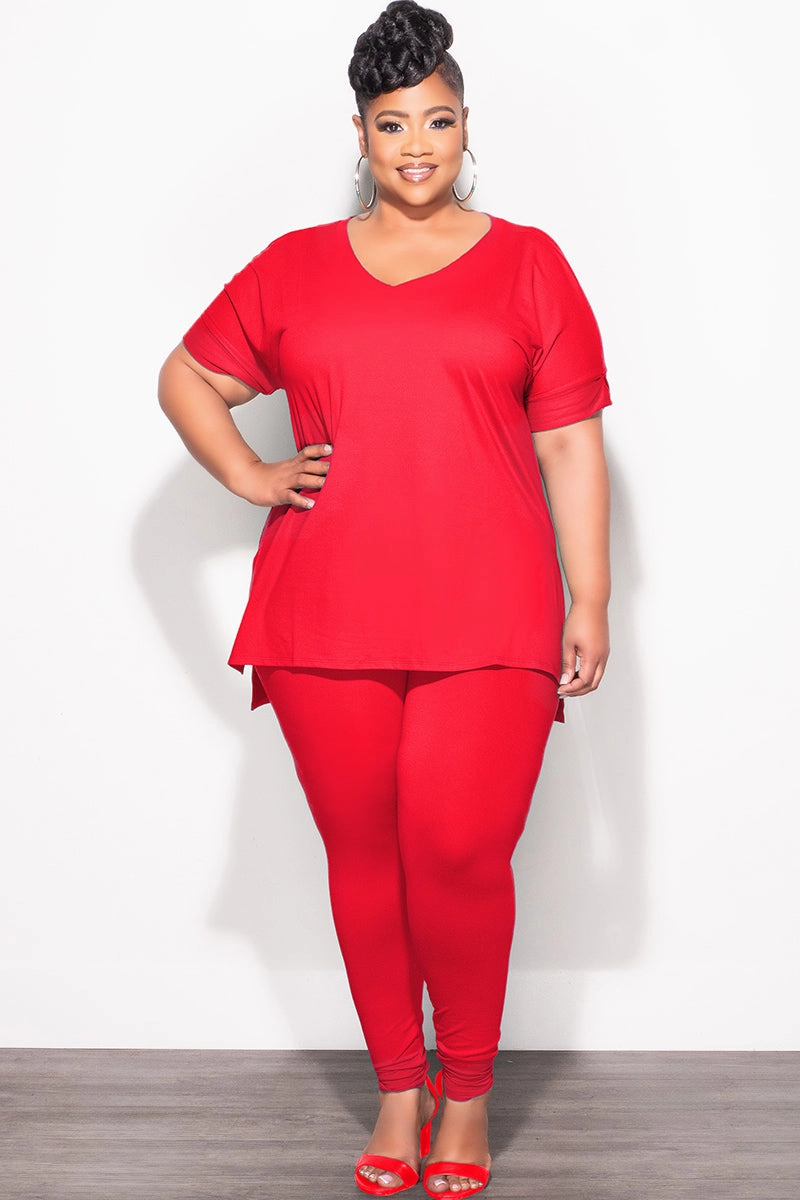 Final Sale Plus Size 2pc V-Neck Tunic Top and Matching Legging Set in Red Versatile Design High Rise