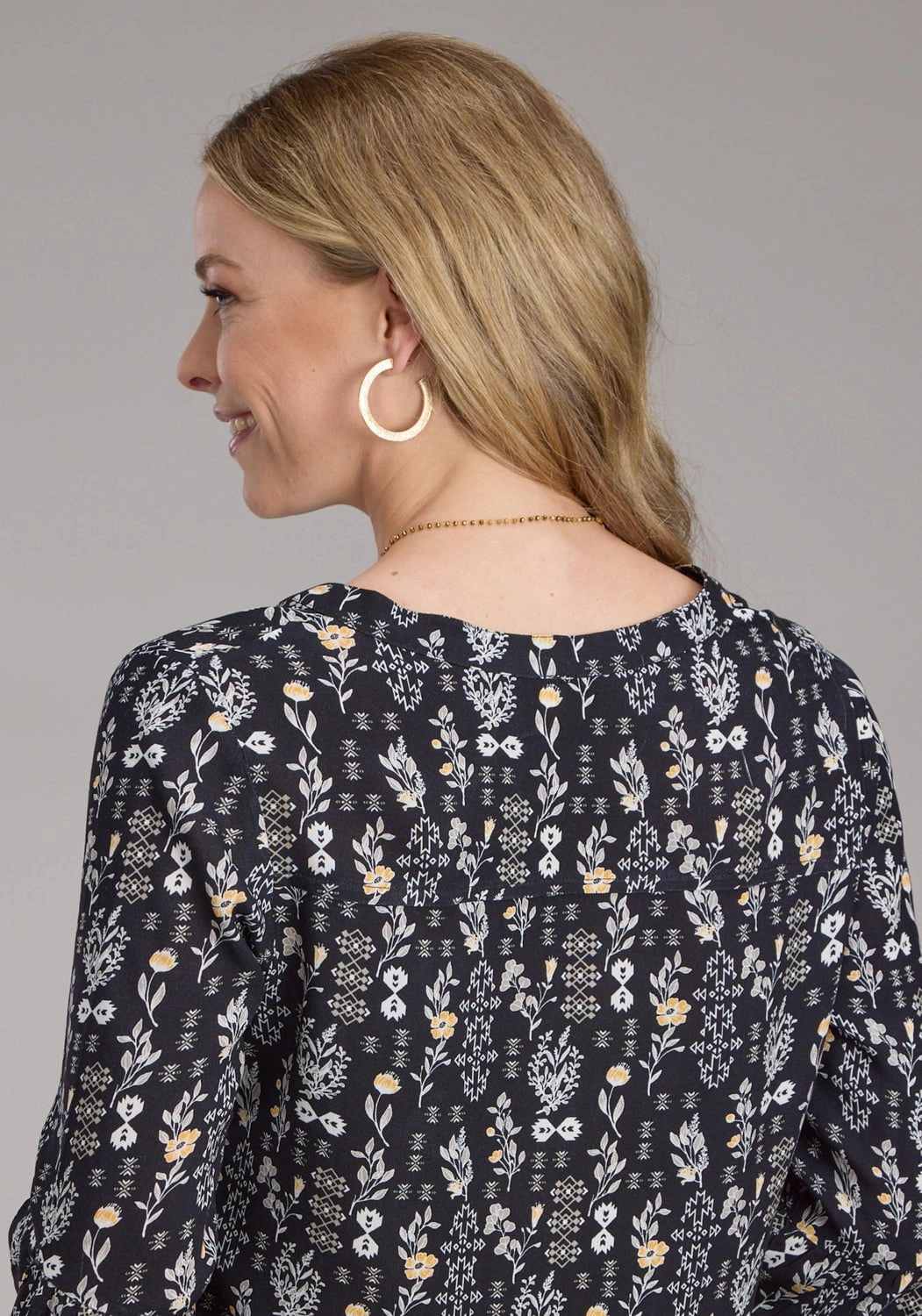 Multi Layer Stitching Roper Womens Vintage Floral Print Black/White 100% Rayon S/S Tunic