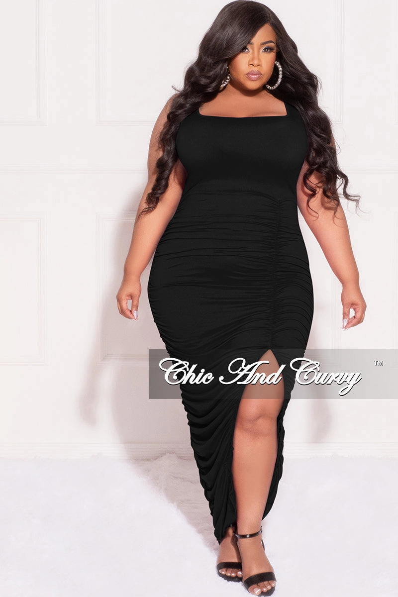 Final Sale Plus Size Sleeveless Ruched Bodycon Dress with Slit in Black Perfect Layer