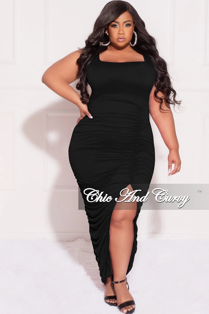 Final Sale Plus Size Sleeveless Ruched Bodycon Dress with Slit in Black Chill Comfort Fit LowProfileWaistband