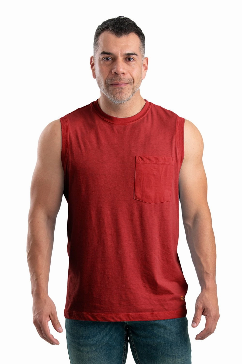 Berne Mens Deep Red Cotton Blend Performance Pocket Tee S/L Ruffle Edge