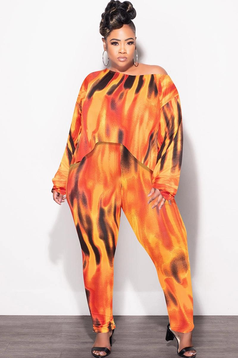 Flexible Layer Fit Final Sale Plus Size 2pc Set Top & Pants in Orange, Yellow & Black Print Fall